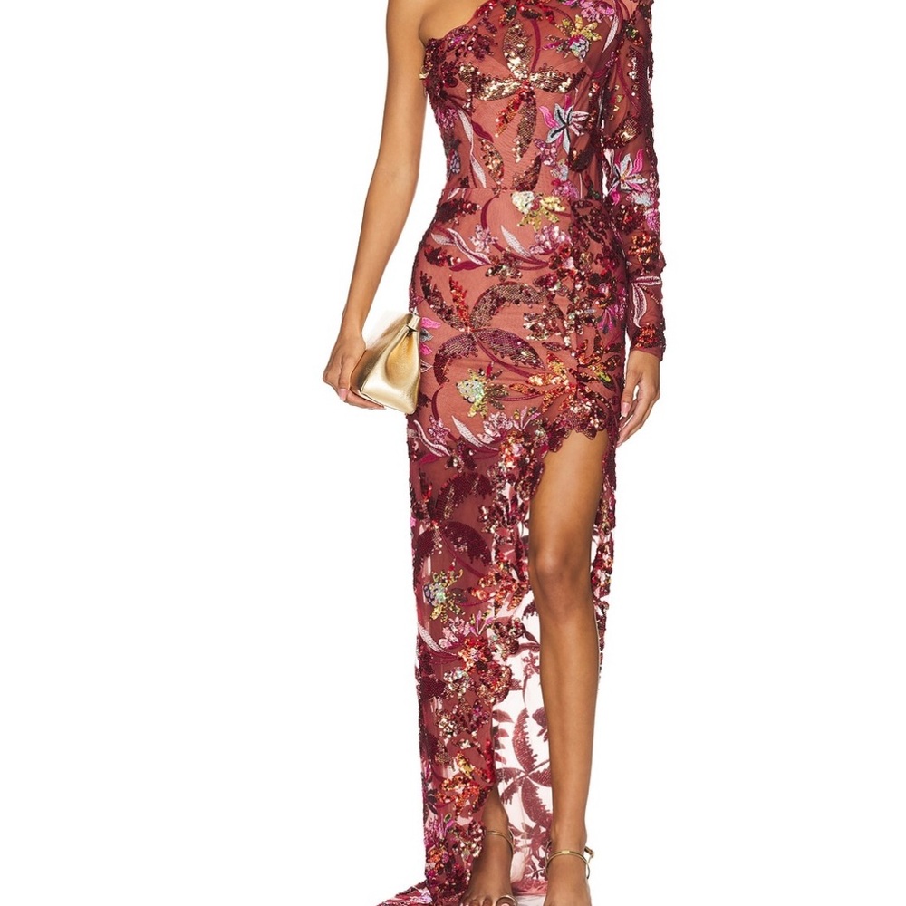 Bronx and Banco One Shoulder Floral Sequin Dress - Pink and Red
